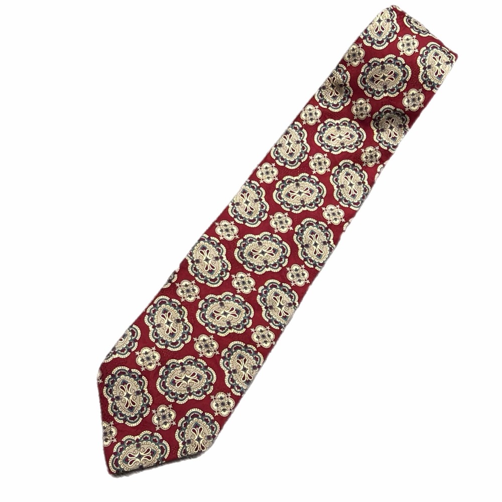 Parisian Signature Mens Burgundy Silk Necktie Tie VTG Red Cream EUC